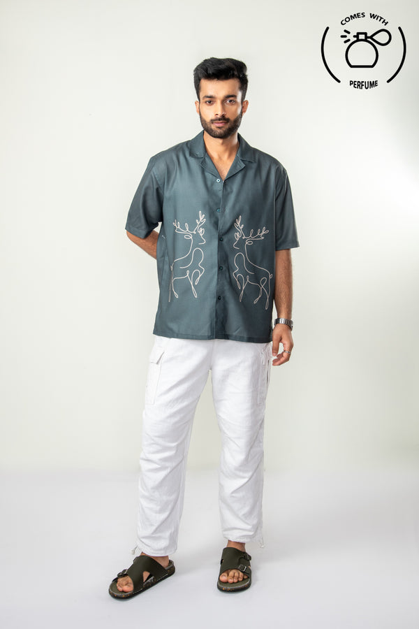 Green reindeer inspired cuban shirt