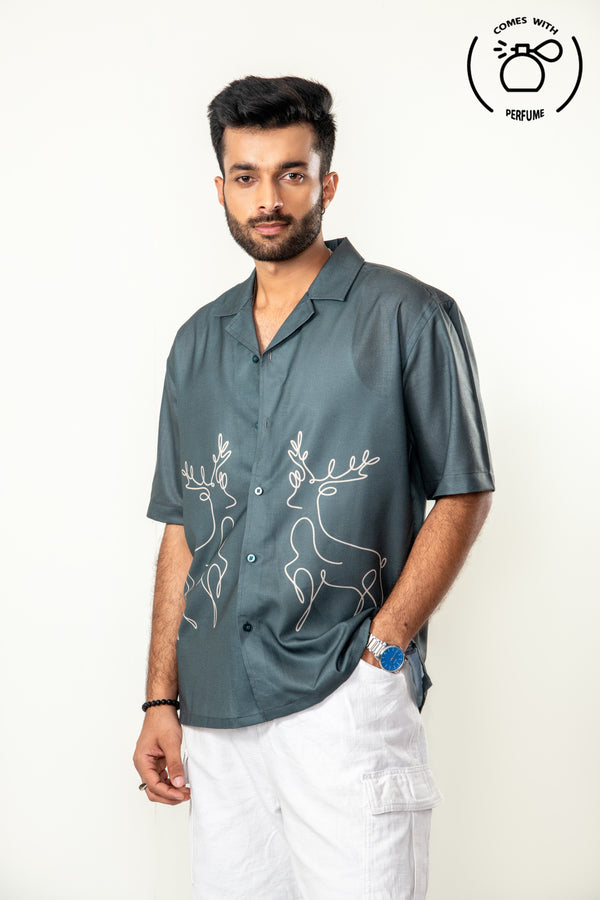 Green reindeer inspired cuban shirt