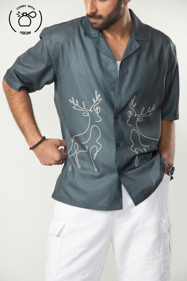 Green reindeer inspired cuban shirt