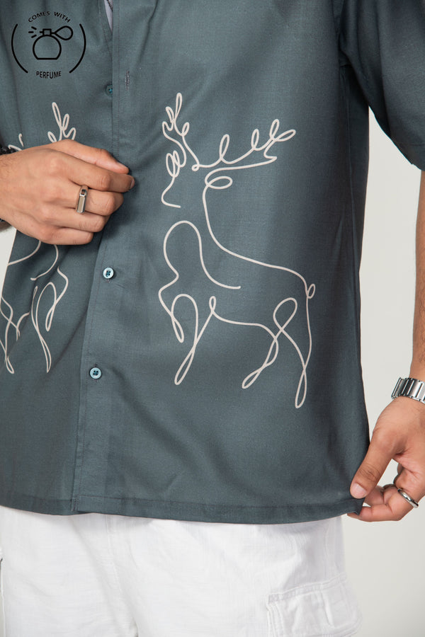 Green reindeer inspired cuban shirt