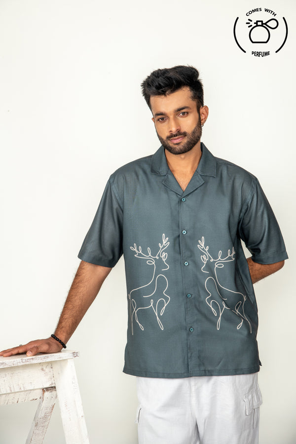 Green reindeer inspired cuban shirt