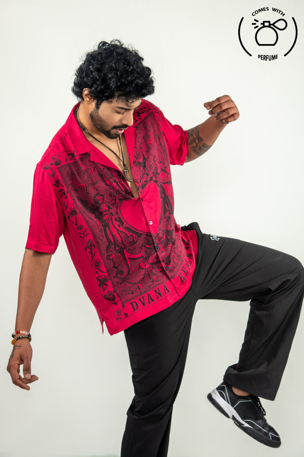 Red art work inspired cuban shirt