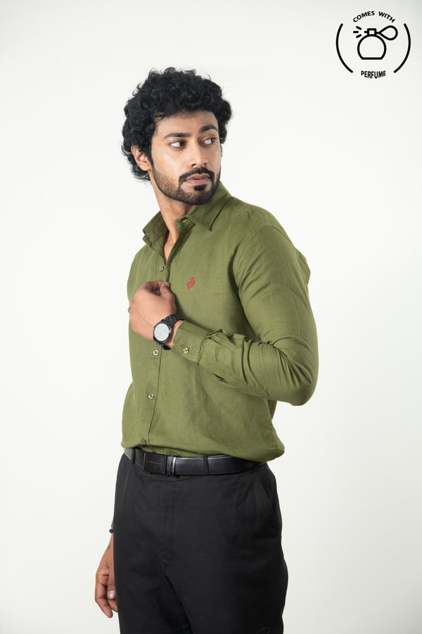100 %  Linen Olive Green Shirt
