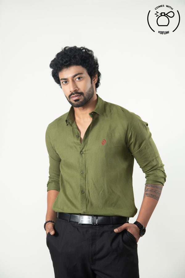 100 %  Linen Olive Green Shirt