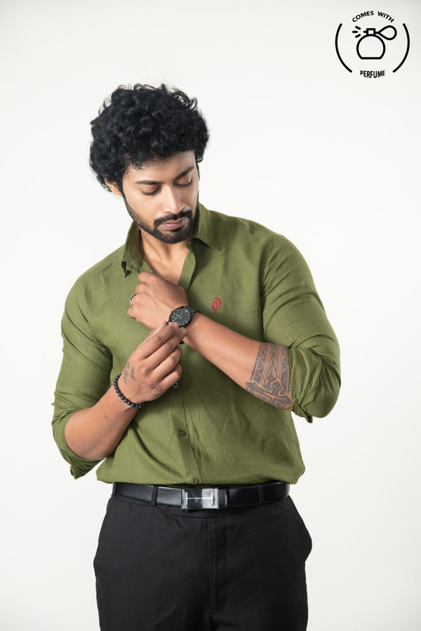 100 %  Linen Olive Green Shirt