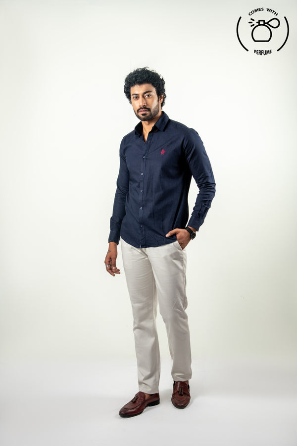Linen Cotton  Blend Navy Blue Shirt