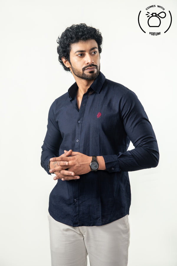 Linen Cotton  Blend Navy Blue Shirt
