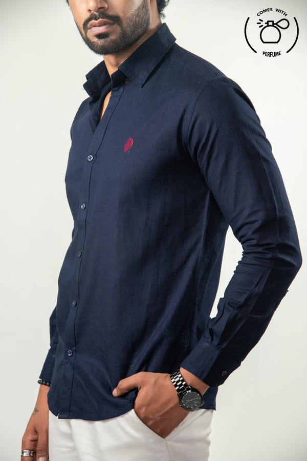 Linen Cotton  Blend Navy Blue Shirt
