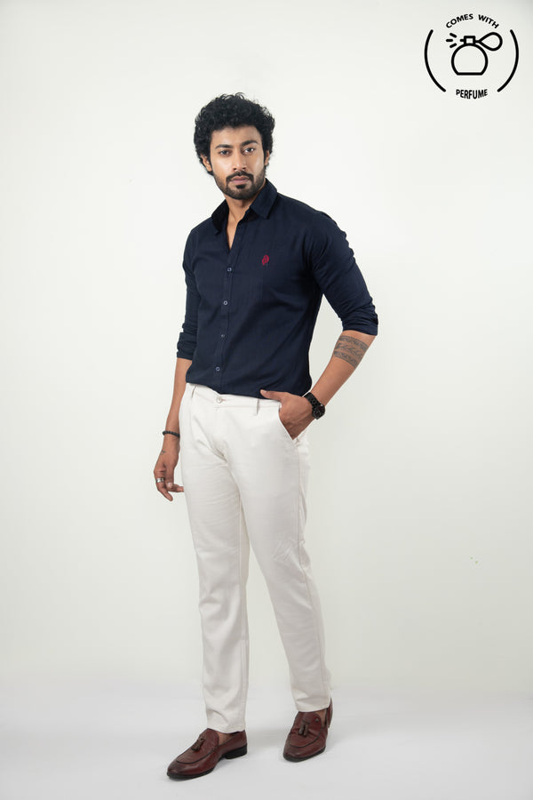 Linen Cotton  Blend Navy Blue Shirt