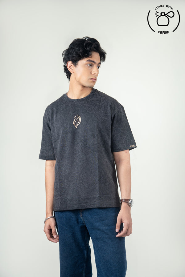 Unisex black acid washed embroidered tee