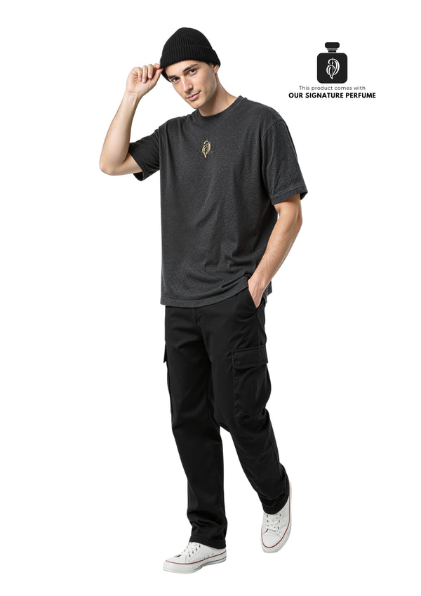 Unisex black acid washed embroidered tee