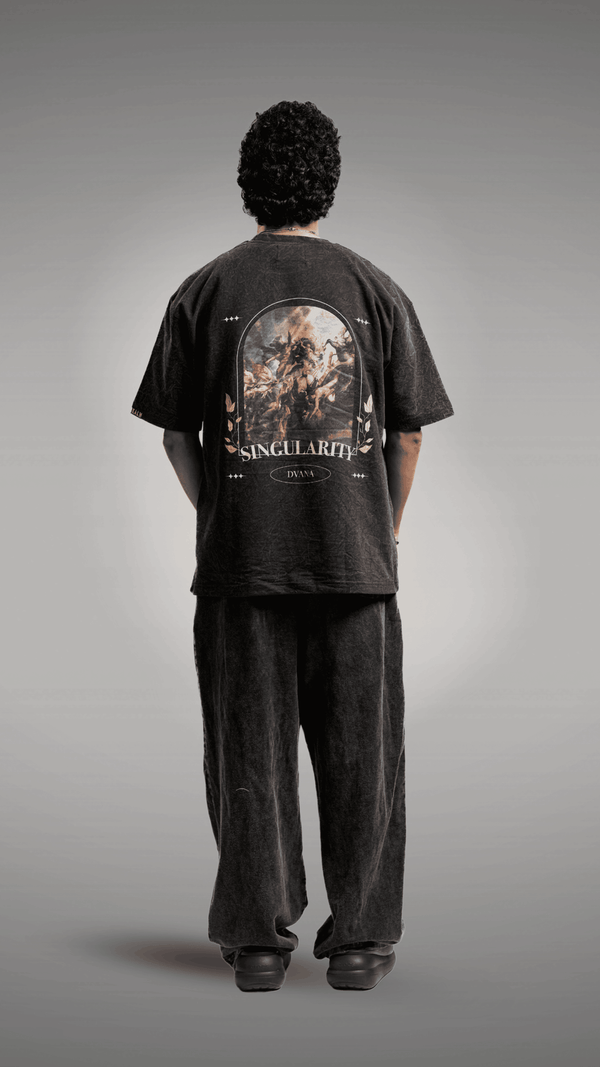 Unisex black acid washed embroidered tee