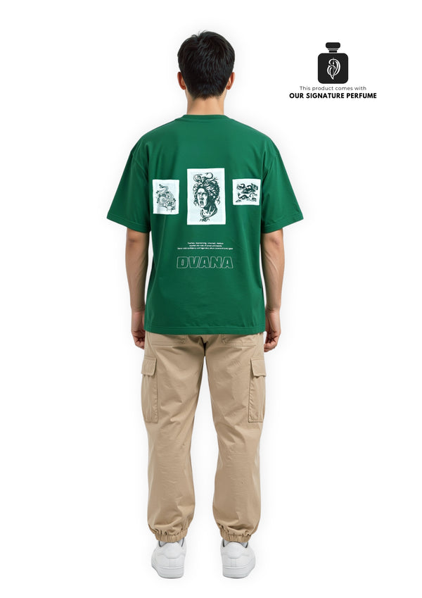 Unisex green patch work printed tee