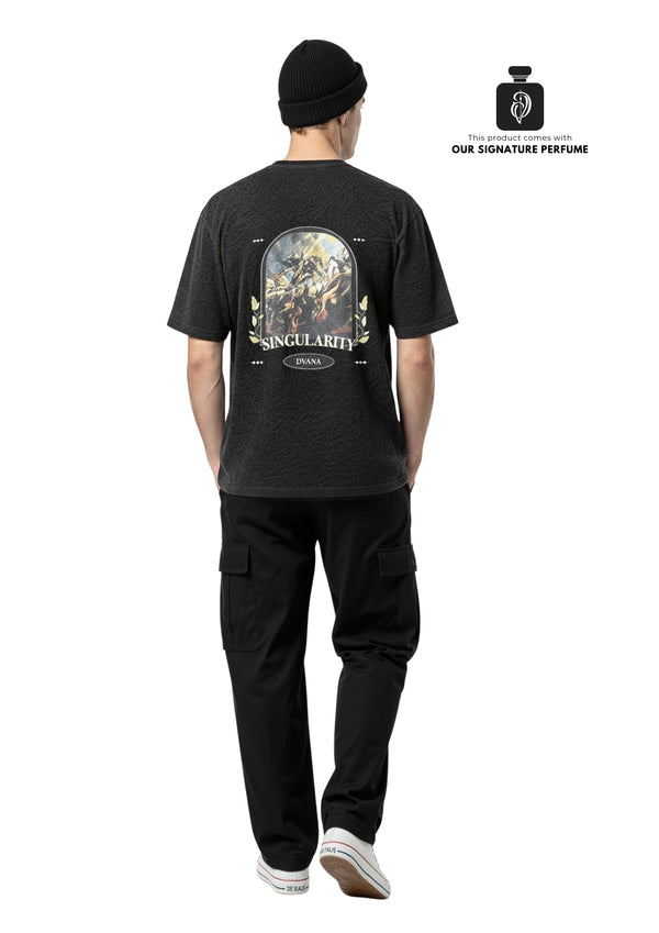 Unisex black acid washed embroidered tee