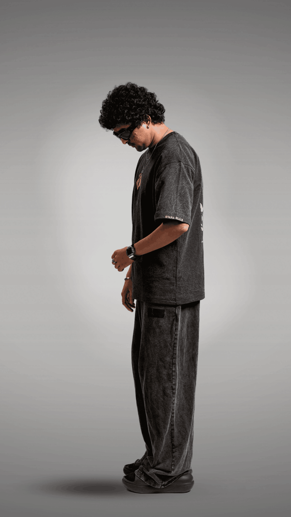 Unisex black acid washed embroidered tee