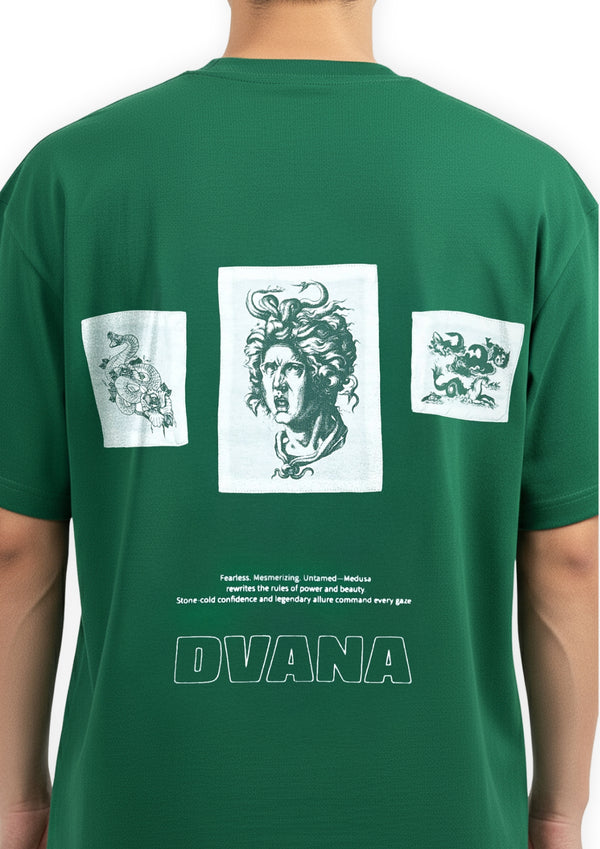 Unisex green patch work printed tee