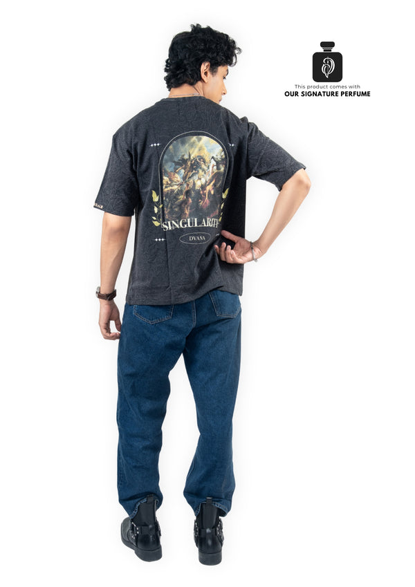 Unisex black acid washed embroidered tee