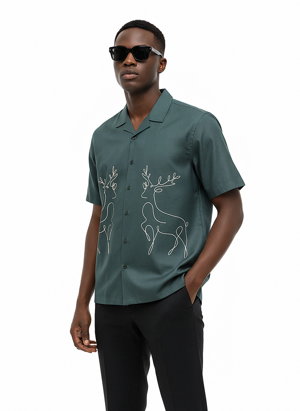 Green reindeer inspired cuban shirt