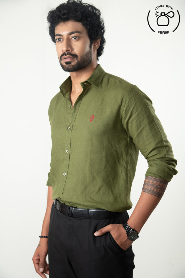 100 %  Linen Olive Green Shirt