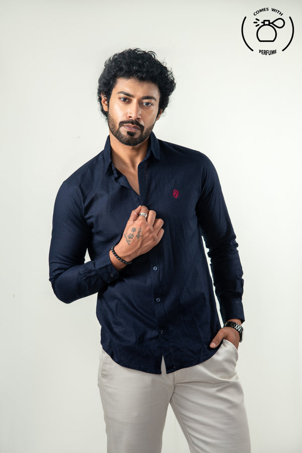 Linen Cotton  Blend Navy Blue Shirt