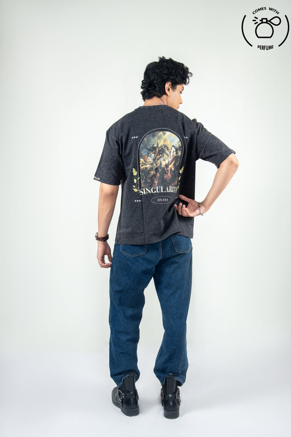 Unisex black acid washed embroidered tee