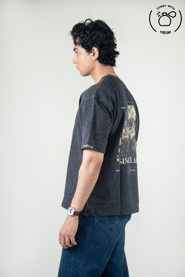 Unisex black acid washed embroidered tee