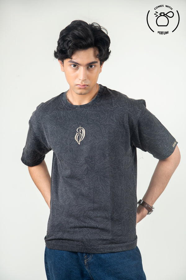 Unisex black acid washed embroidered tee