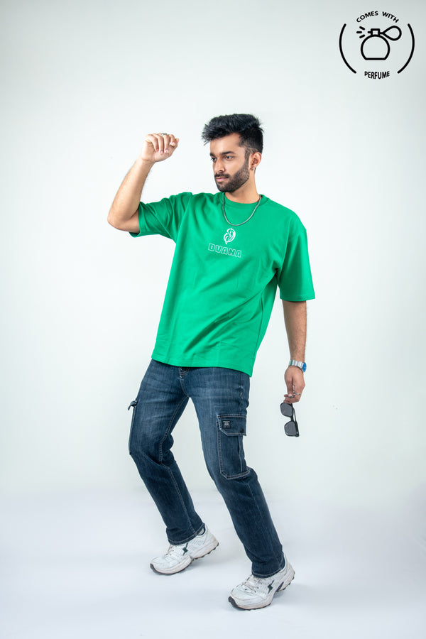 Unisex green patch work printed tee