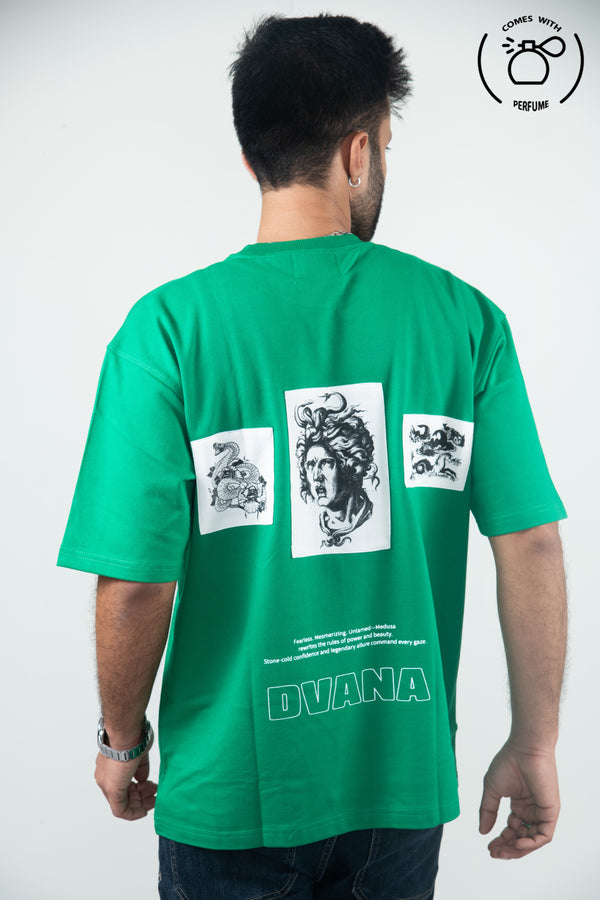 Unisex green patch work printed tee